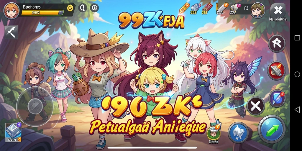 Tangkapan layar gameplay 99ZK yang menampilkan aksi penuh warna dan karakter anime.