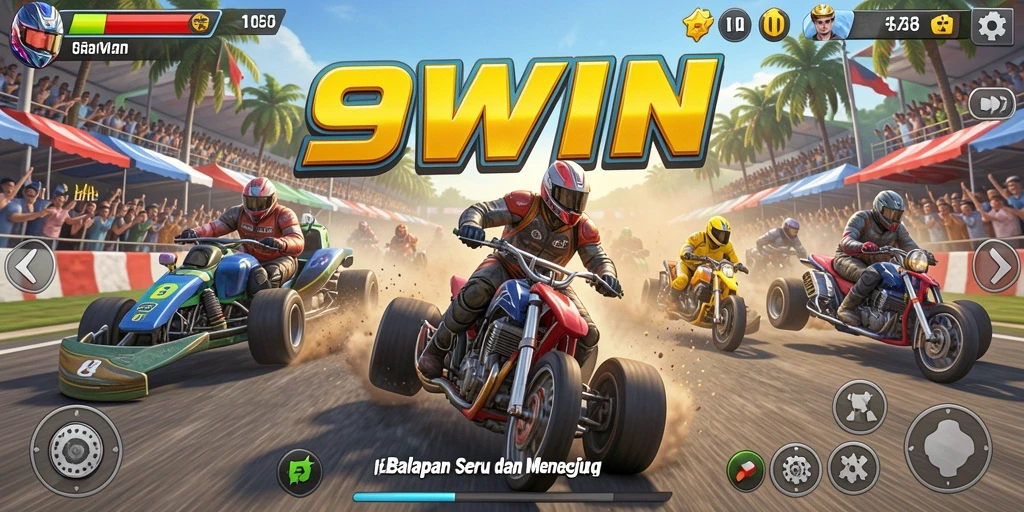 Screenshot gameplay 9WIN yang menunjukkan mobil balap di lintasan.