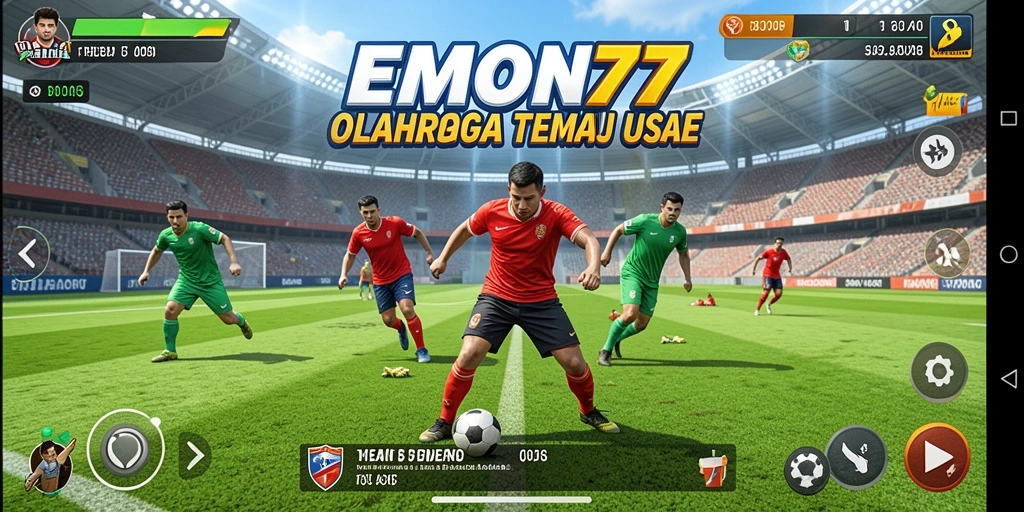 Screenshot utama EMON77 menampilkan pemain dalam aksi olahraga yang seru.