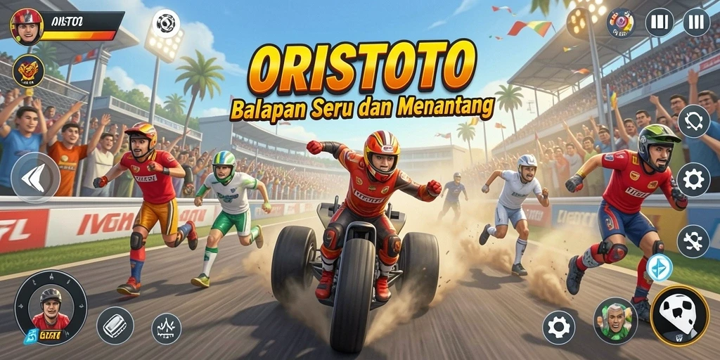 Tampilan gameplay ORISTOTO dengan tindakan balapan yang mendebarkan.
