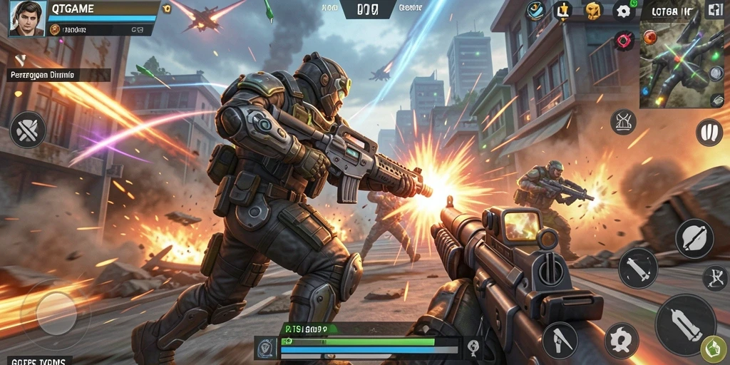 Tampilan gameplay seru dalam QTGAME dengan aksi tembak-menembak intens.