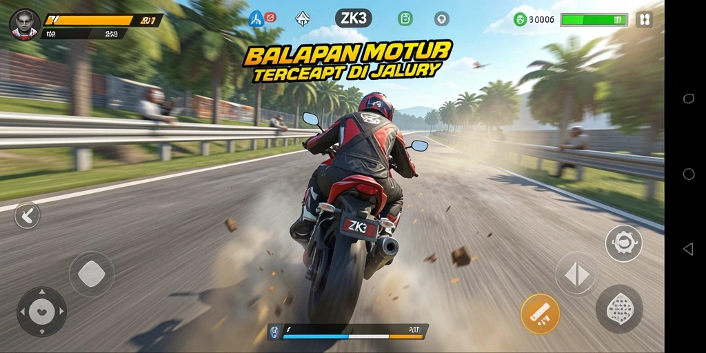 Gameplay ZK3 menampilkan balapan motor yang cepat dan seru.